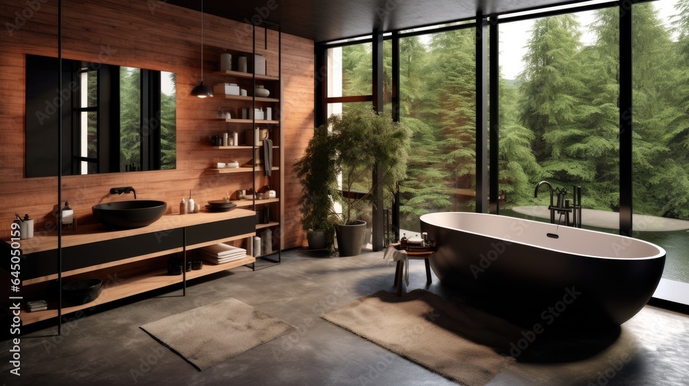Full of luxury bathroom with black bathtub what is impossible to able to be clean but look like brutal good. Full of luxury bathroom with black bathtub what is impossible to able to be clean but look like brutal good.