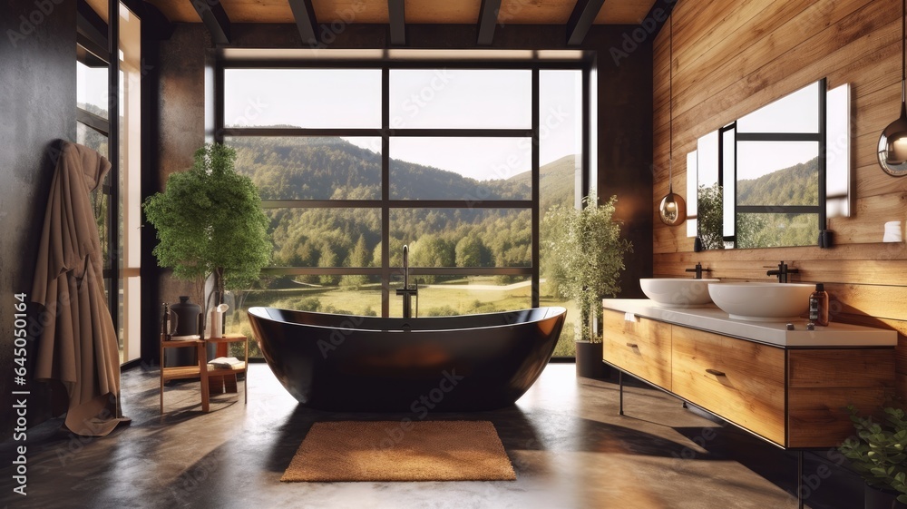 Full of luxury bathroom with black bathtub what is impossible to able to be clean but look like brutal good. Full of luxury bathroom with black bathtub what is impossible to able to be clean but look like brutal good.