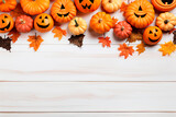 traditional halloween pumpkin mockup on white wooden table with copy space
