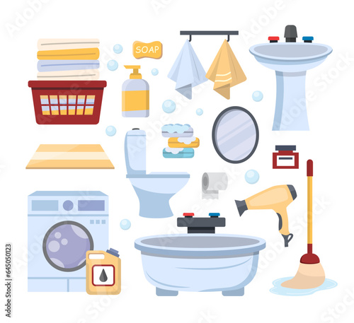 bathroom cartoon items. restroom furniture and accessories, interior elements, shower, towels, shampoo flasks, wash objects. vector bath electronic hygiene items flat set.
