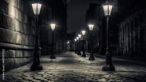 A pair of old-fashioned street lamps lining a grayscale cobblestone street