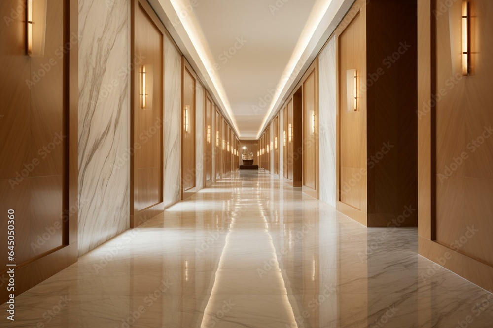 Contemporary corridor featuring wooden and marble accents. Generative AI