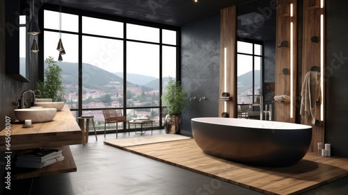 Full of luxury bathroom with black bathtub what is impossible to able to be clean but look like brutal good. © Dniel