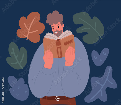 Cartoon vector illustration o man wearing eyeglasses holding paper book or diary, sitting on couch at home in living room, reading literature or checking his working schedule plan