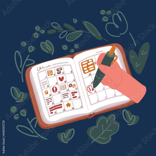 Cartoon vector illustration of Event planner timetable agenda plan on year 2024 schedule event. Business woman checking planner on mobile phone, taking note on calendar