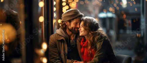 A young cheerful couple, dressed warm, looking at each other and laughing. Enjoying Snowy Evening. photo