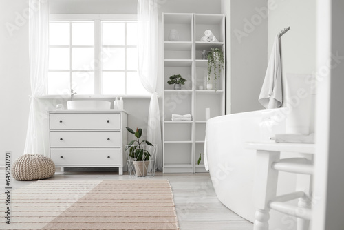 Interior of light bathroom with sink, bathtub, shelving unit and houseplants