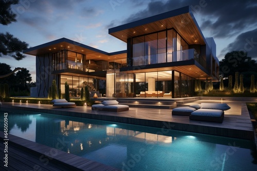 Contemporary mansion featuring a wood-clad exterior and a luxurious swimming pool in an exclusive location. Generative AI
