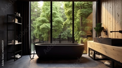 Full of luxury bathroom with black bathtub what is impossible to able to be clean but look like brutal good.