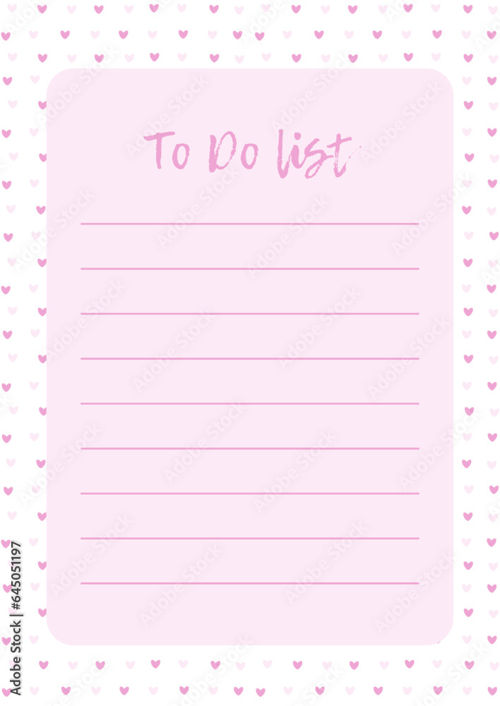 Cute simple to do list, pink note with hearts, valentine symbols. Printable to do, diary, page notebook, daily planner, notes and checklist. Ready for print