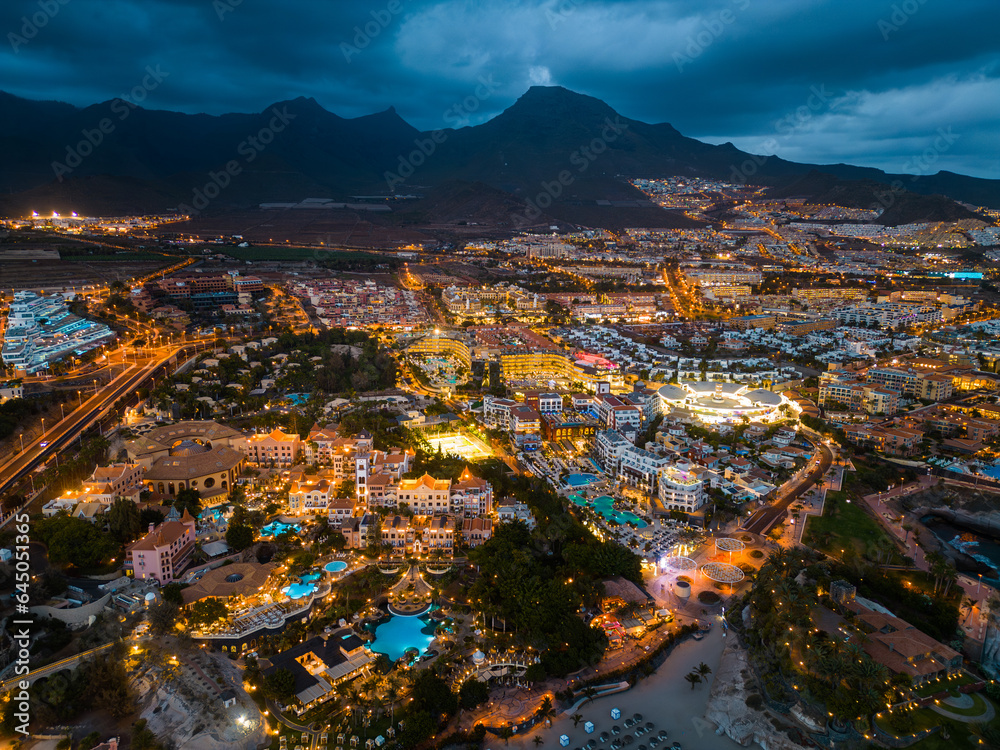 illuminated night city light view, ocean shore, Tenerife, Canary island aerial