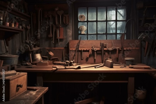 Scene of a workshop with old tools hanging on wall and a tool shelf against table and wall, with a vintage garage style. Generative AI