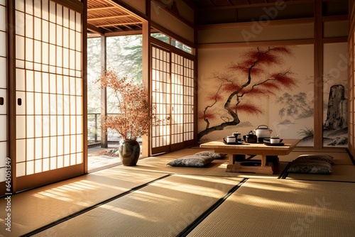 Japanese tea room with tatami mats and natural lighting. Generative AI