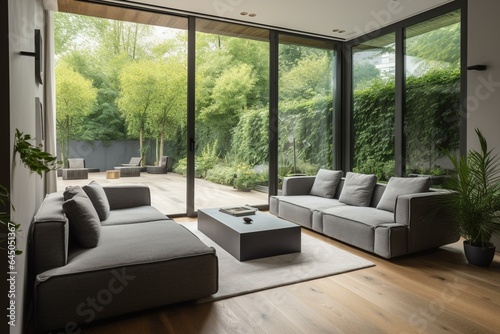 Contemporary room with lush garden view and wooden terrace, adorned with gray sofa and sliding doors. Generative AI
