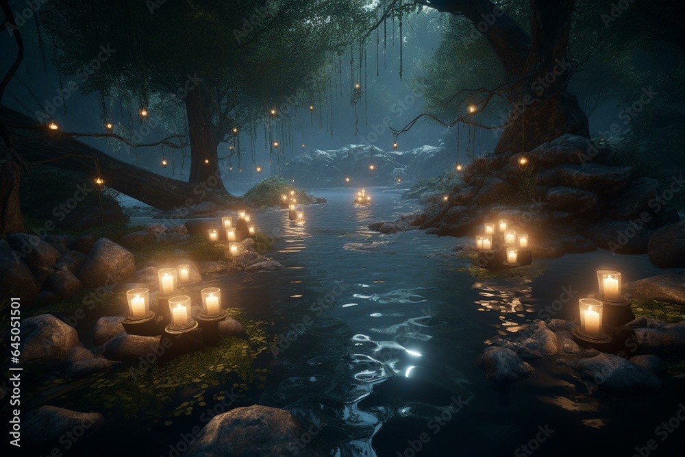 Explore immersive forest scene with glowing river, floating lanterns, and intricate details in Unreal Engine 5. Generative AI