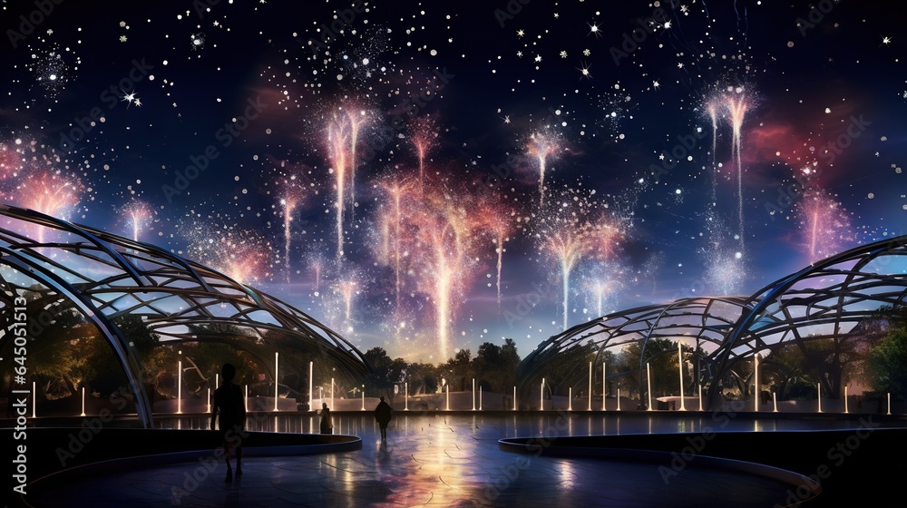 a person standing in front of a bridge with fireworks in the sky.  generative ai