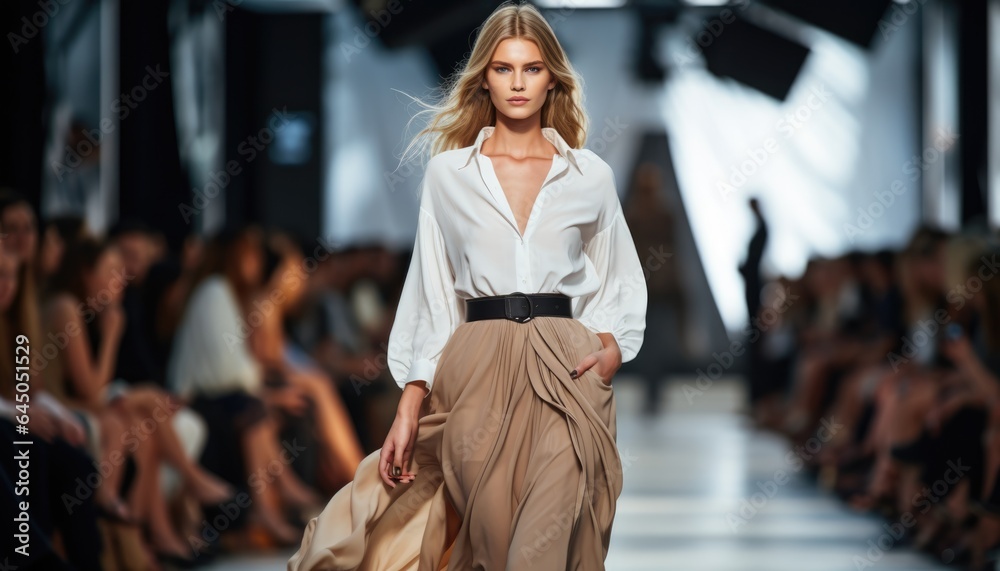 High fashion show with beautiful stylish young female models in fine casual colorful outfits High fashion show with beautiful stylish young female models in fine casual colorful outfits