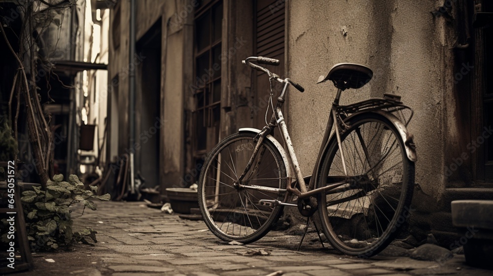 A rusted black and white bicycle chained to a post in a quaint alleyway