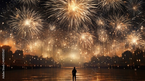  a man standing in front of a fireworks display at night. generative ai