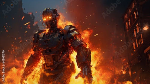 A Firefighter metal robot warrior coming out of fire, destruction & explosion in background © Khuram Ibn Sabir