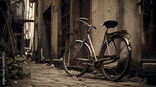 A rusted black and white bicycle chained to a post in a quaint alleyway