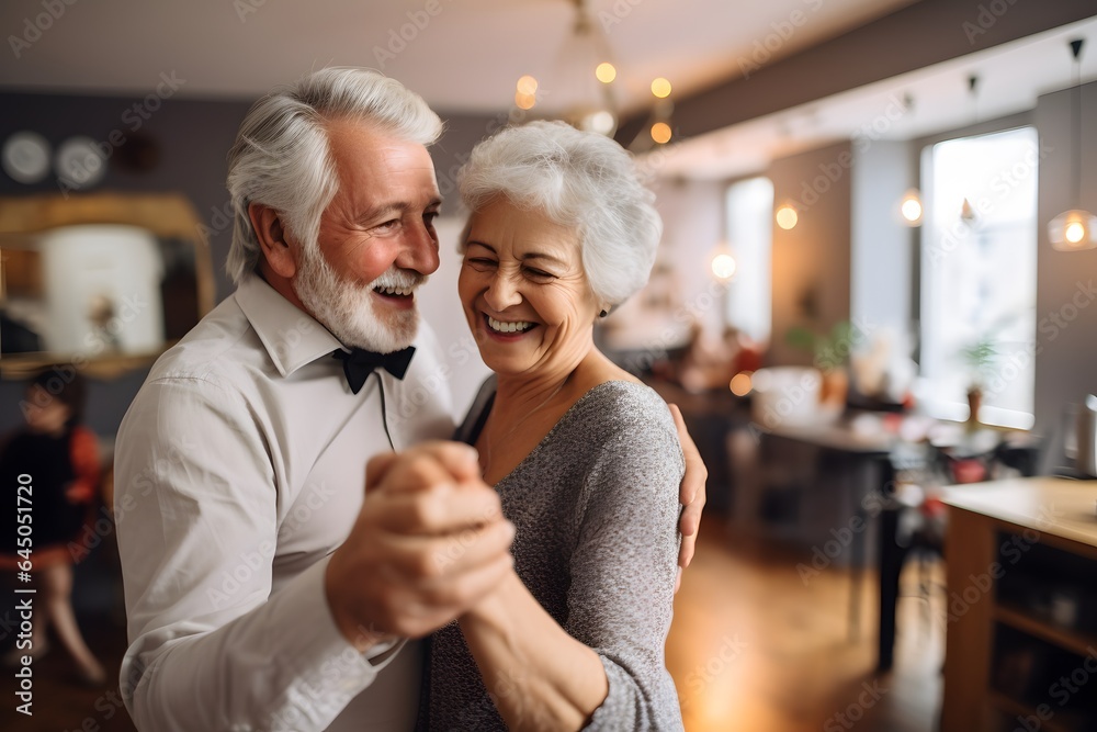Senior couple dancing in living room at home.
