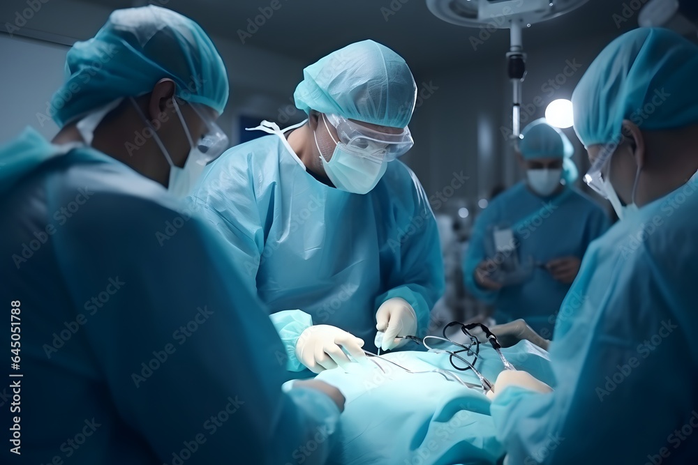 Team of doctors performs surgical operation on a patient at operating room. Team of doctors performs surgical operation on a patient at operating room.