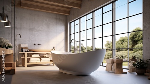 Spacious bathroom thanks to the full-wall window with perfect harmony of white tub and wood. Generative AI Technology 