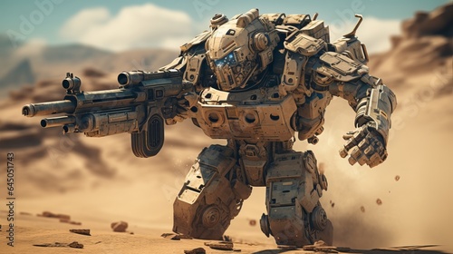 Heavy armed modern military robot in desert battlefield