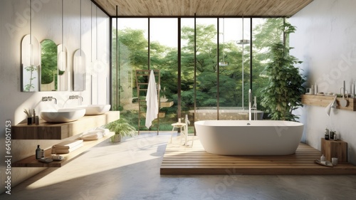 Spacious bathroom thanks to the full-wall window with perfect harmony of white tub and wood. Generative AI Technology  © Dniel