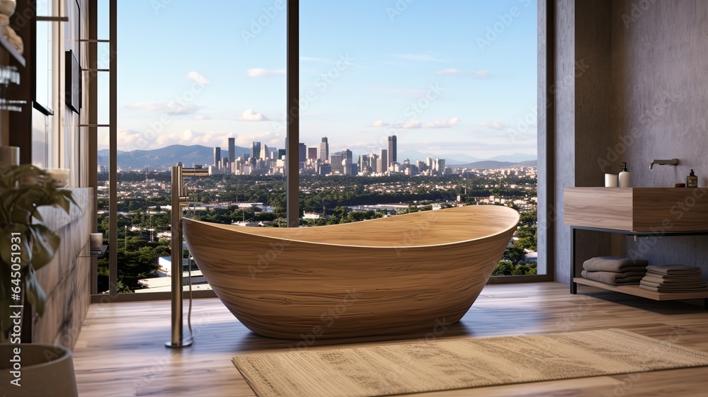 Obraz premium Spacious bathroom thanks to the full-wall window with perfect harmony of white tub and wood. Generative AI Technology 