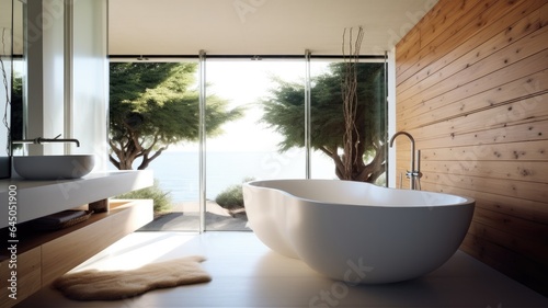 Spacious bathroom thanks to the full-wall window with perfect harmony of white tub and wood. Generative AI Technology 