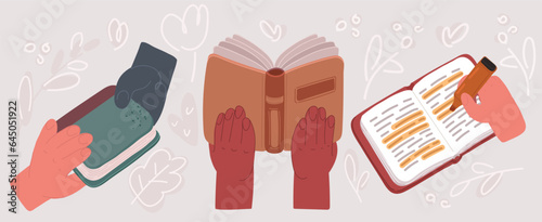 Vector illustration of Student preparing for college test, exam, reading book, studying textbook, writing notes, making summary for class report. Learning workplace table, hands with