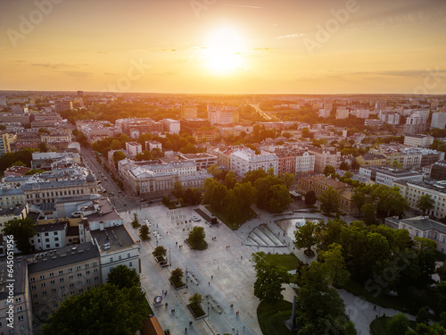 downtown plac litewski, city square and park at sunset, Lublin, Poland