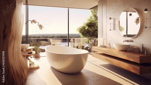 Spacious bathroom thanks to the full-wall window with perfect harmony of white tub and wood. Generative AI Technology 