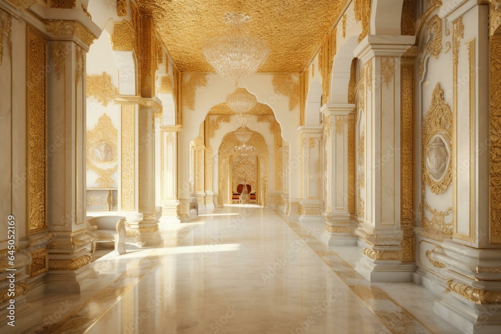 Rendered golden palace interior adorned with white marble and opulent accents. Generative AI