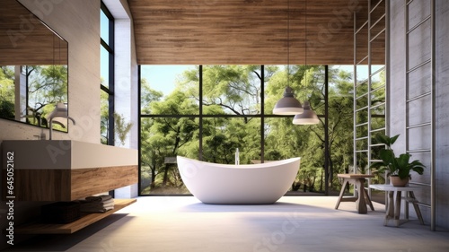 Spacious bathroom thanks to the full-wall window with perfect harmony of white tub and wood. Generative AI Technology  © Dniel