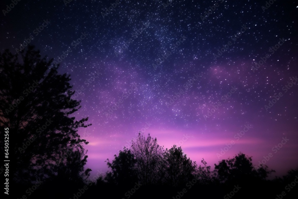 Intricate violet evening sky adorned with shimmering stars. Generative AI