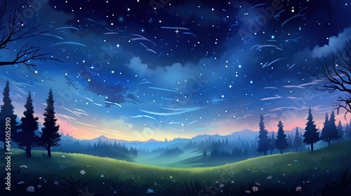  a painting of a night sky with stars and trees in the foreground. generative ai