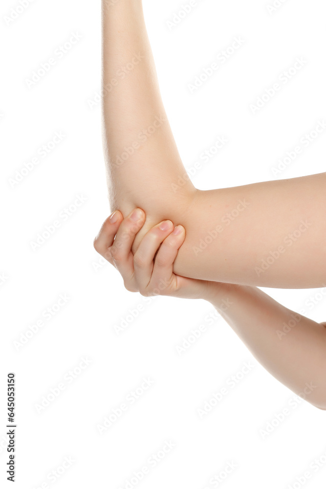 Cropped image woman with joint inflammation. Female's elbow on a white background Cropped image woman with joint inflammation. Female's elbow on a white background