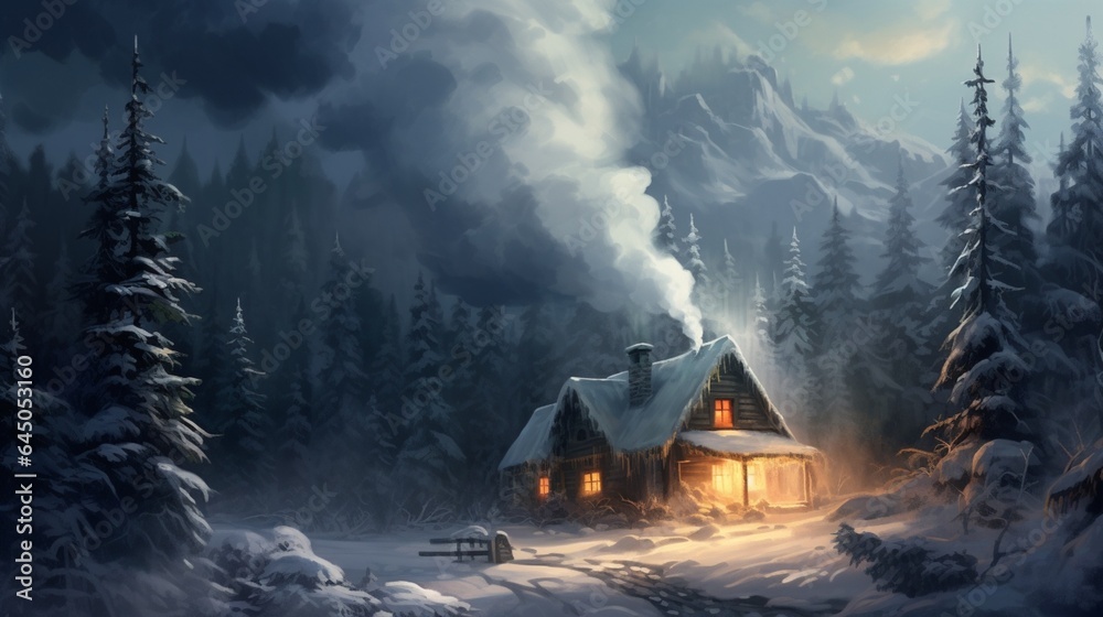 A snow-covered cabin nestled in the heart of a pine forest, smoke rising from its chimney 