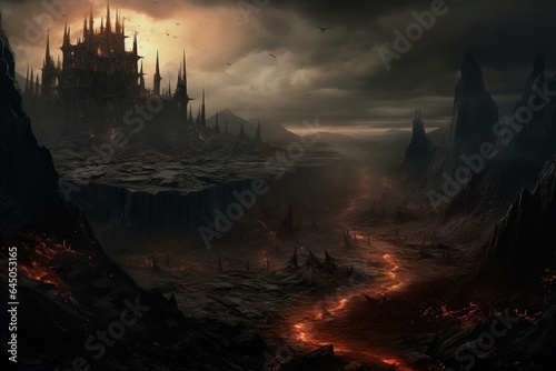 A sinister Mordor-like landscape with a touch of fantasy. Generative AI