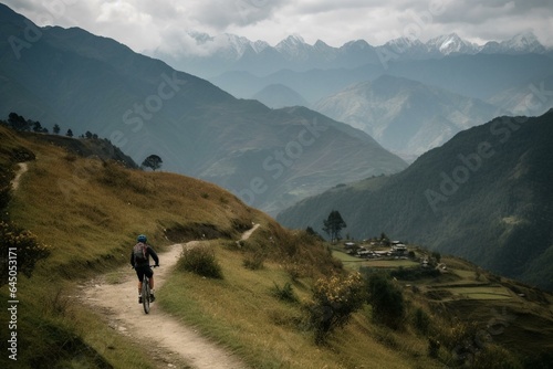 a mountainous terrain with a bicycle amidst towering peaks and hills. Generative AI