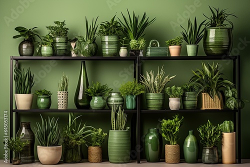 Green plants, watering can, shelves. Modern room decor. Cactus, asparagus, dracaena, pothos, ivy, palm, sansevieria on shelf. Generative AI