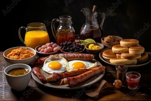 Delicious breakfast with eggs, bacon, beans, sausage, coffee, orange juice, pancakes, butter, and honey. Generative AI