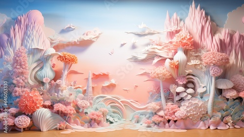  a painting of a pink and blue landscape with clouds and flowers.  generative ai