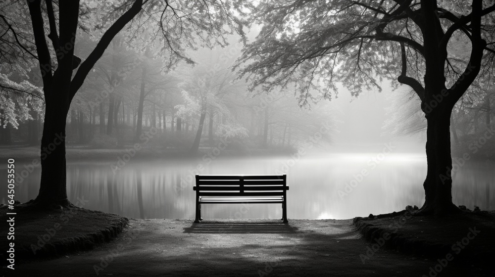 A solitary park bench facing a serene black and white lake surrounded by trees