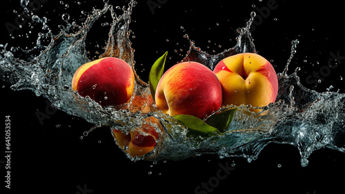 Fruits and water dropping on a black background  high speed motion