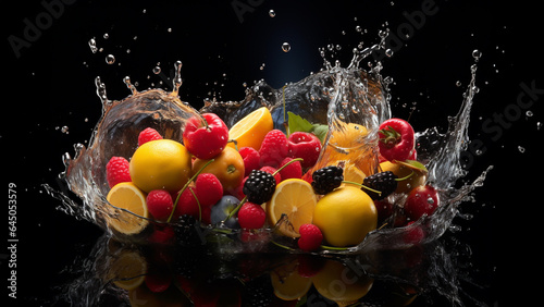 Fruits and water dropping on a black background, high speed motion