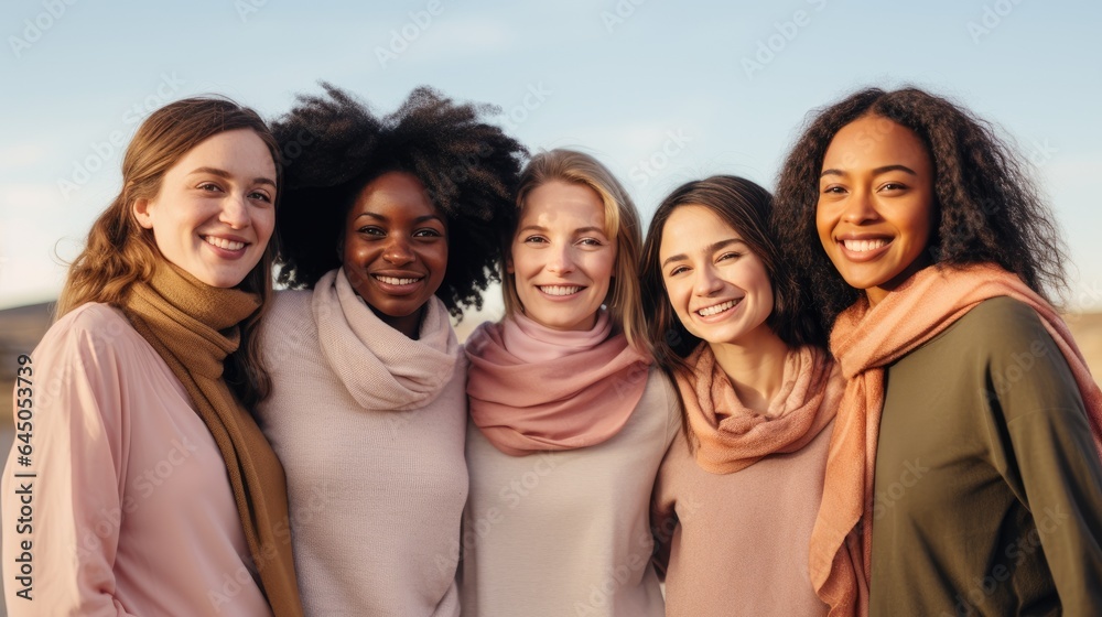 Fototapeta premium Portrait of young multiracial women standing together and smiling. Generative AI